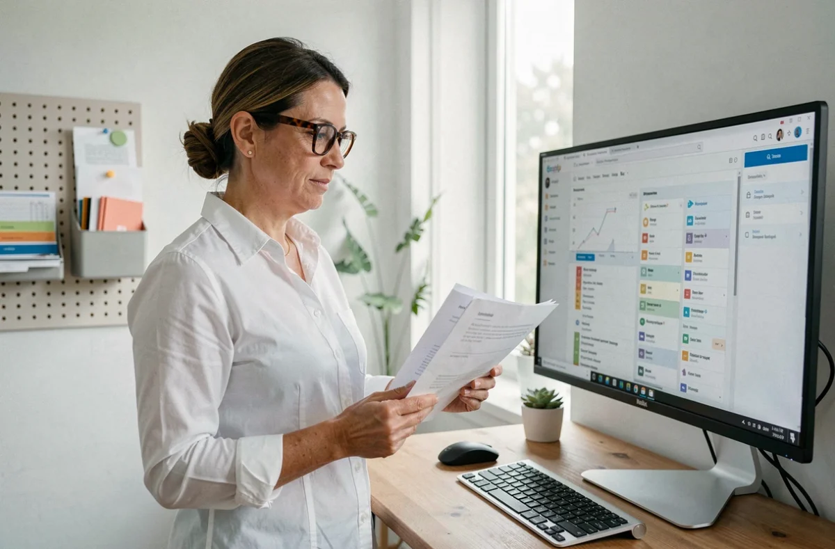 Freelance femme expérimentée analysant des documents dans un studio à domicile épuré et organisé