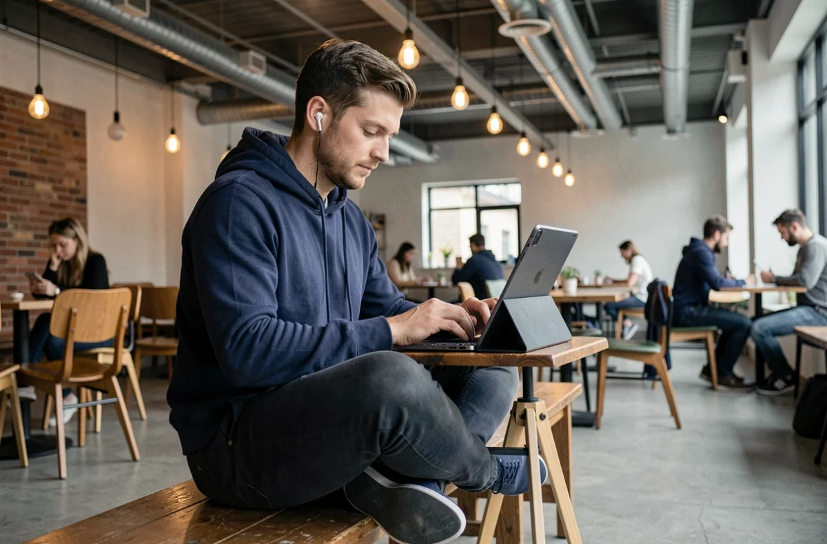 Jeune freelance masculin travaillant sur tablette dans un espace de coworking au design industriel