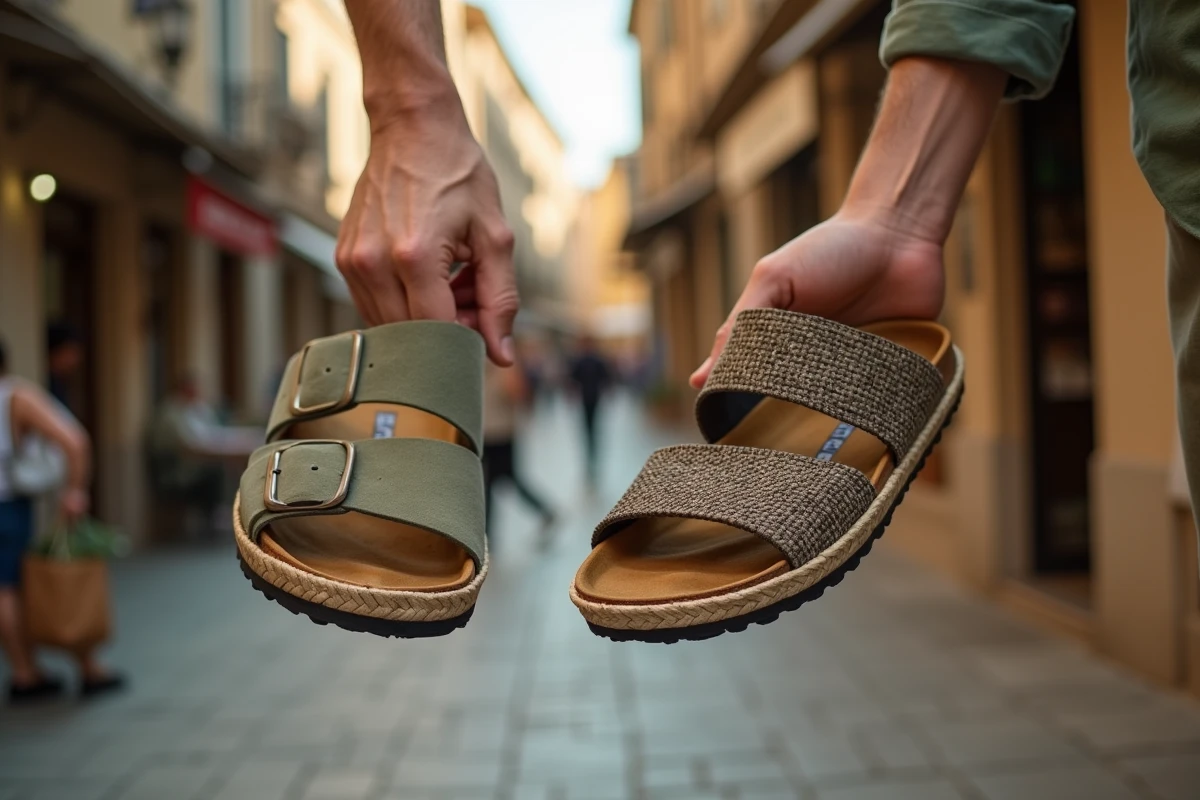 Gros plan sur une main d'homme tenant une sandale Birkenstock et une sandale Bayton dans un marché en plein air pour illustrer le choix estival
