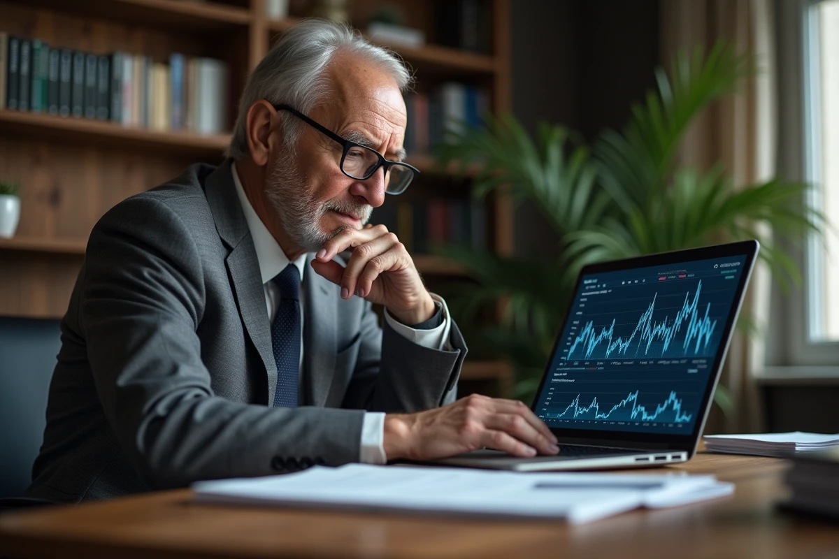 Homme d affaires analysant des graphiques financiers sur son ordinateur