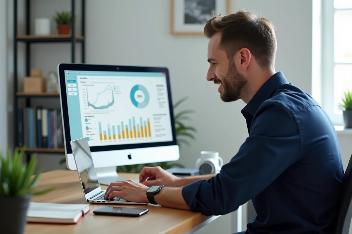 Homme utilisant une application de suivi de finances personnelles sur ordinateur portable dans un bureau à domicile