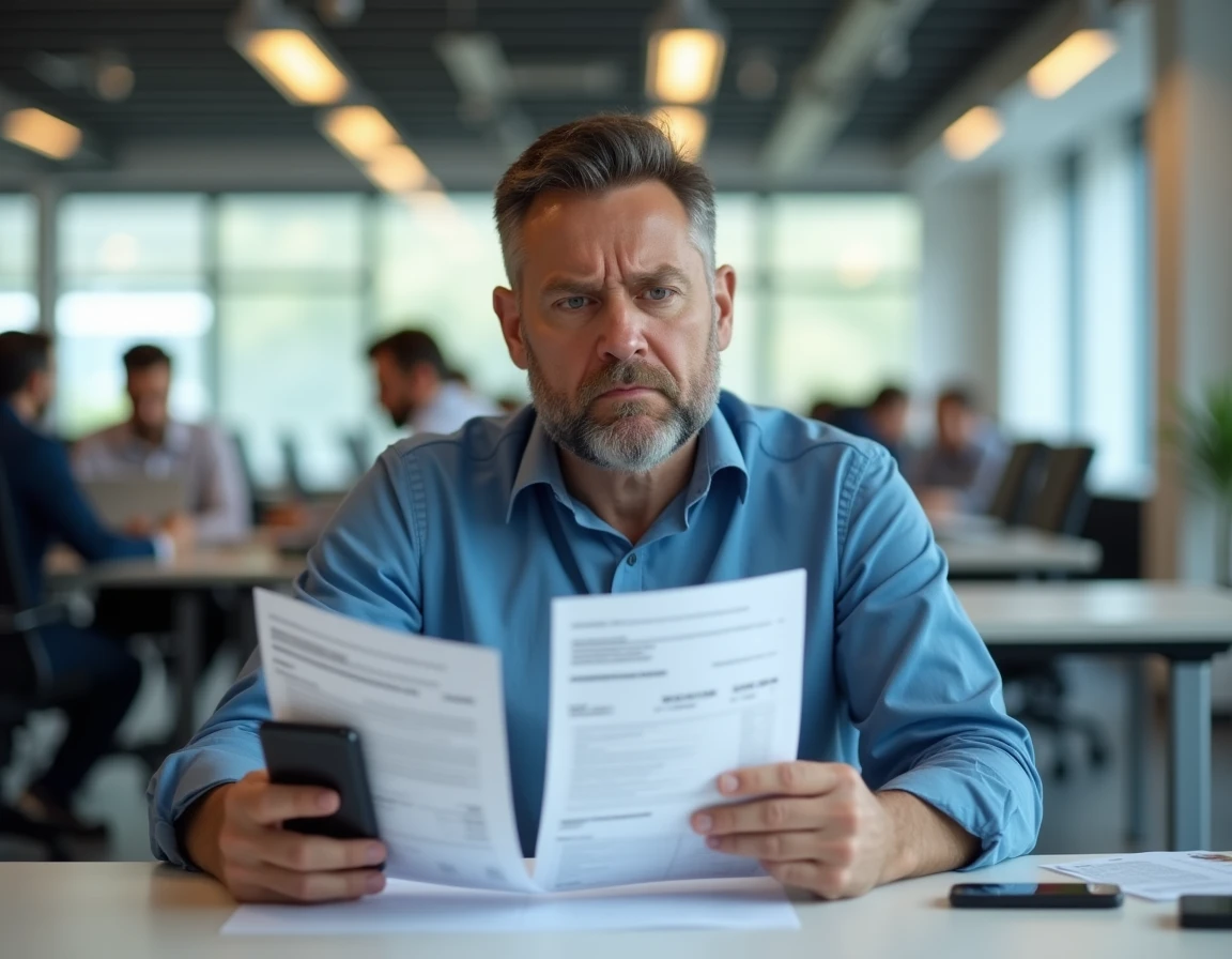 Homme en bureau comparant des relevés bancaires avec des transactions PayPal suspectes sur son téléphone