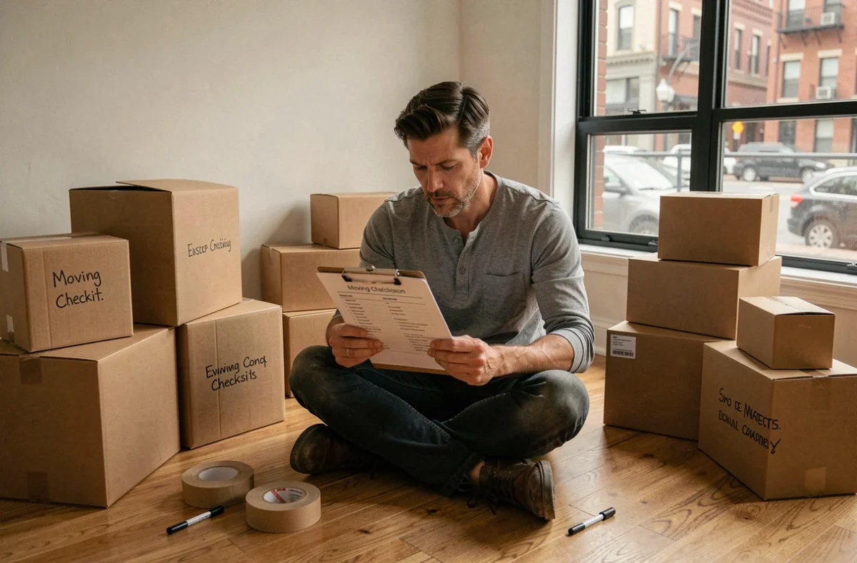 Homme consultant une liste de déménagement entouré de cartons étiquetés dans un appartement vide
