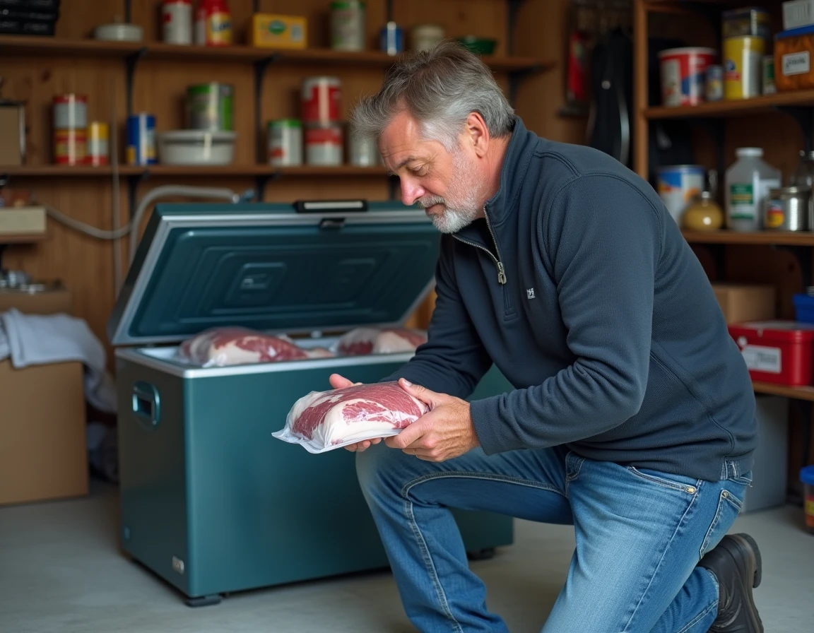 Homme inspectant des aliments sous vide dans un congélateur coffre dans un garage de particulier