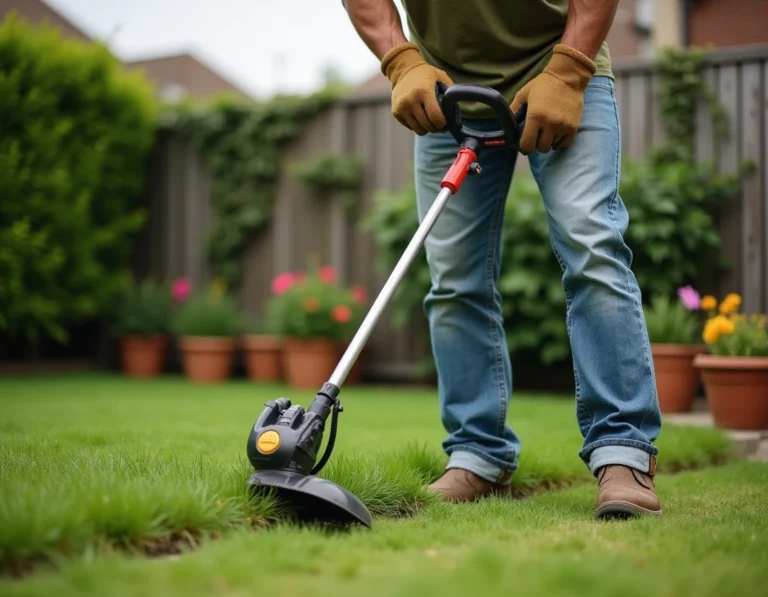 Homme utilisant un coupe-bordure thermique pour délimiter les bords d'une pelouse bien entretenue dans un jardin suburban