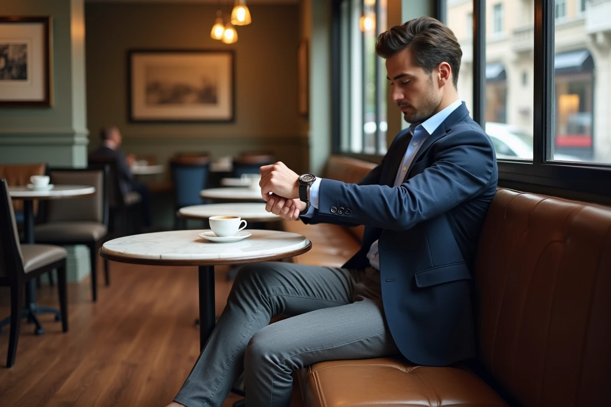 Homme bien habille assis dans un café en ville