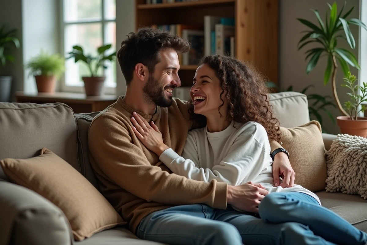 Homme et femme partageant un rire sur un canapé cosy
