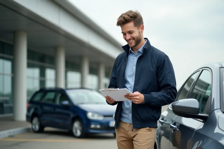 Jeune homme souriant vérifiant documents de location voiture
