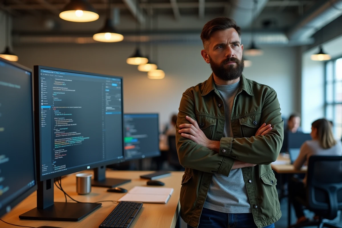 Homme barbu étudiant des ressources wiki sur plusieurs moniteurs dans un espace de coworking industriel