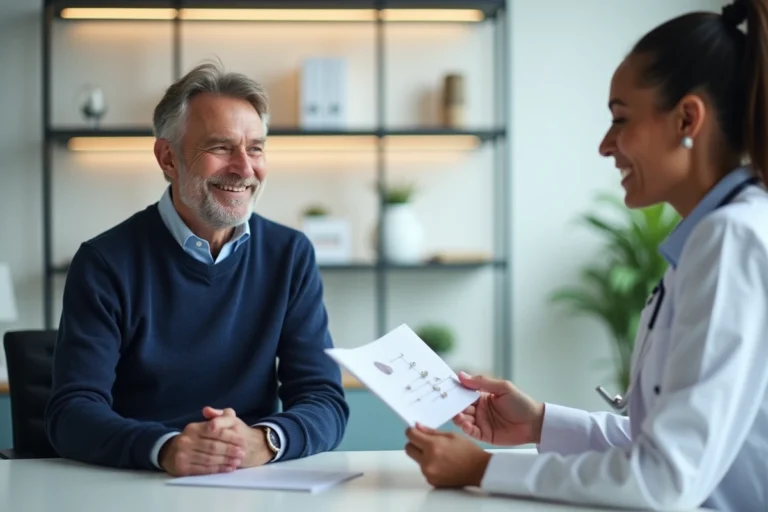 Homme souriant en centre d'audition avec audiologiste