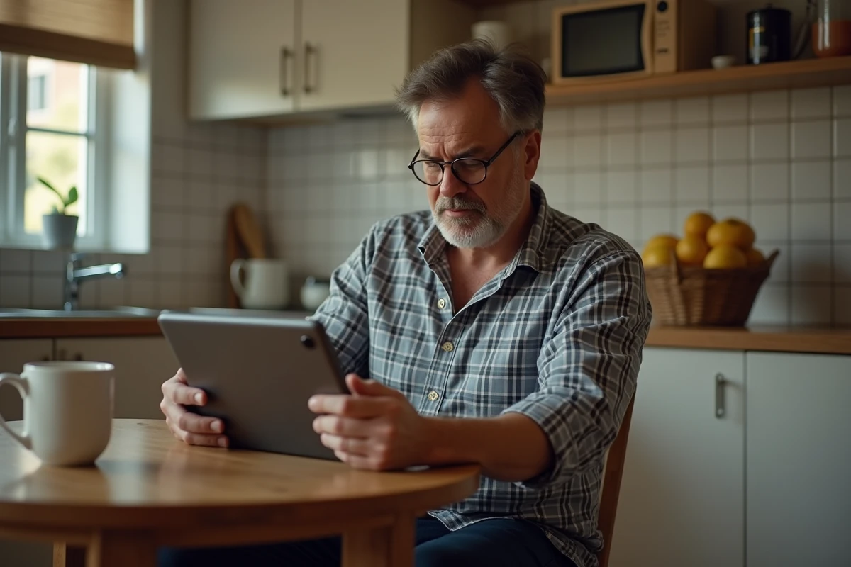 Homme d age moyen utilisant une tablette dans la cuisine