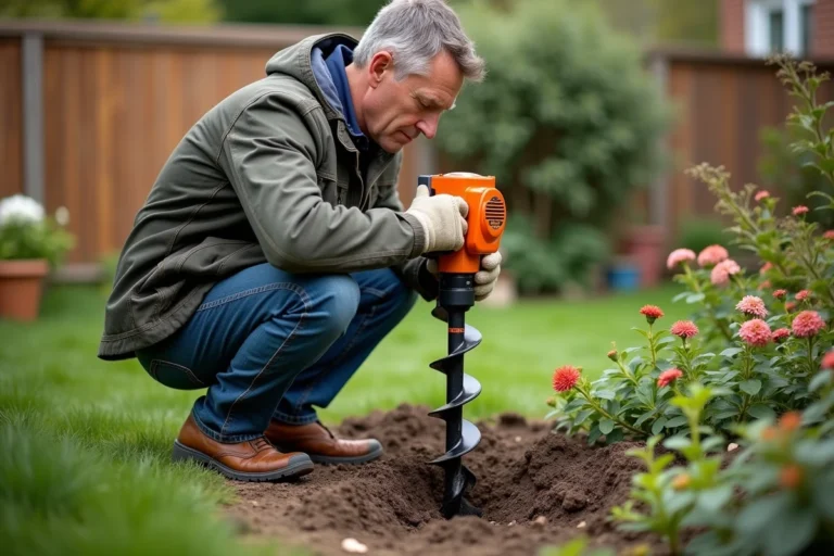 Homme en veste de travail utilisant une tarière thermique dans un jardin
