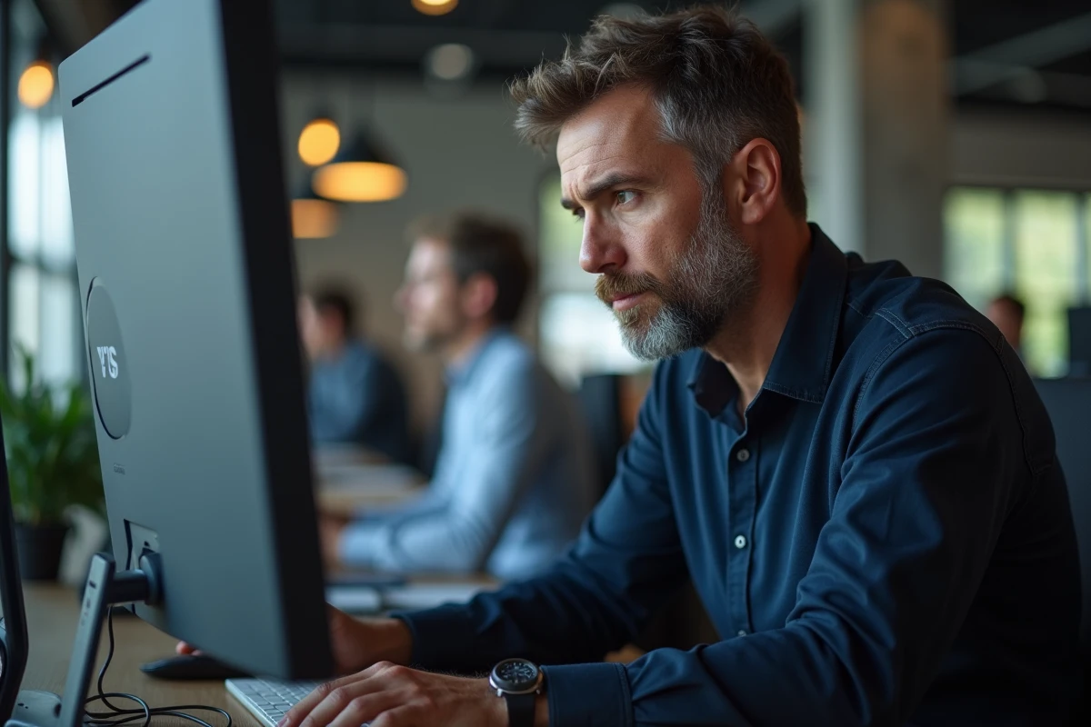 Homme consultant les métadonnées d'un e-mail pour vérifier l'heure exacte d'envoi dans un bureau professionnel