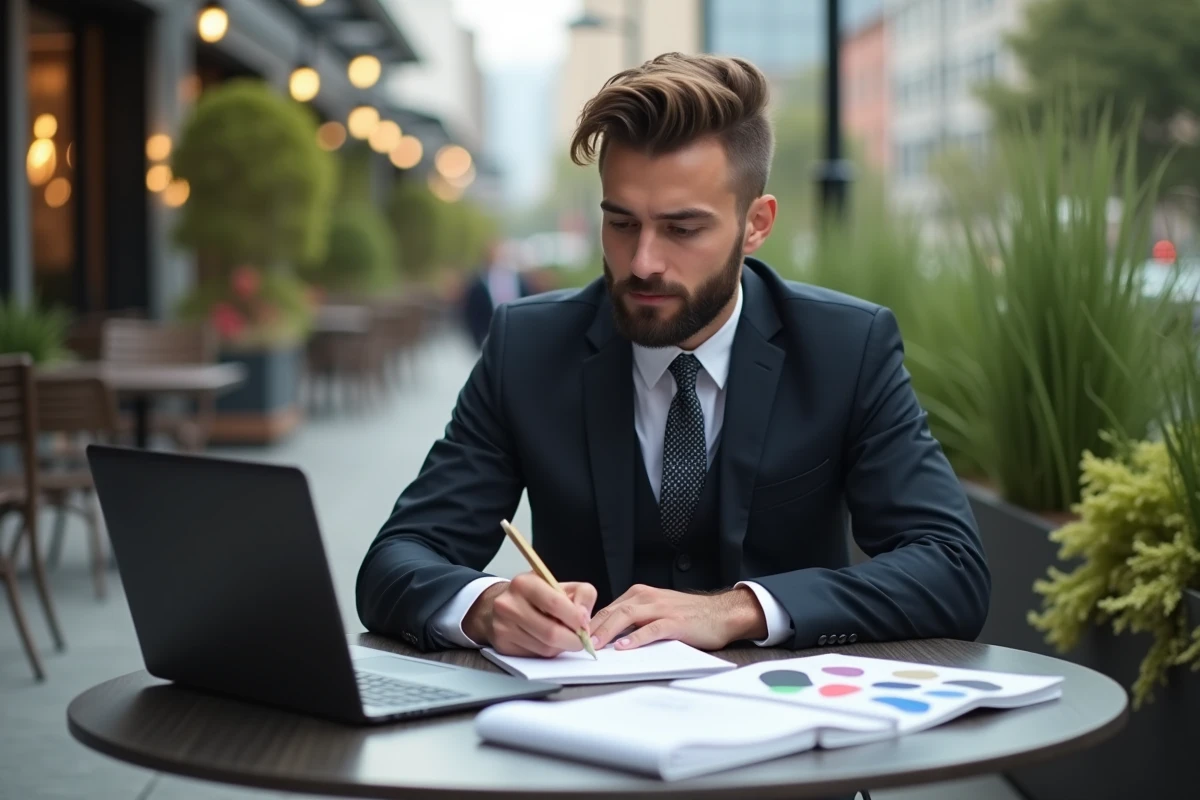 Jeune homme créatif esquissant un logo en extérieur