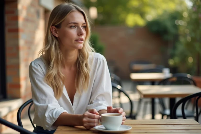 Jeune femme blonde songeuse assise à une terrasse de café en Californie, évoquant une histoire personnelle discrète et touchante