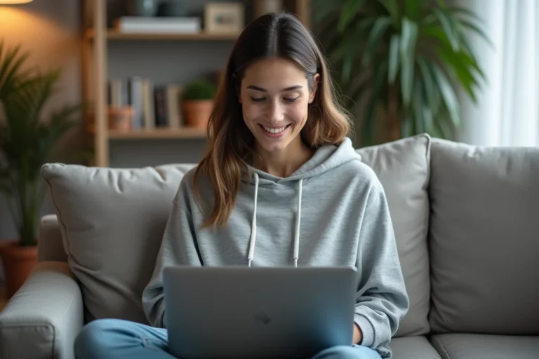 Jeune femme souriante avec hoodie sur un sofa cosy