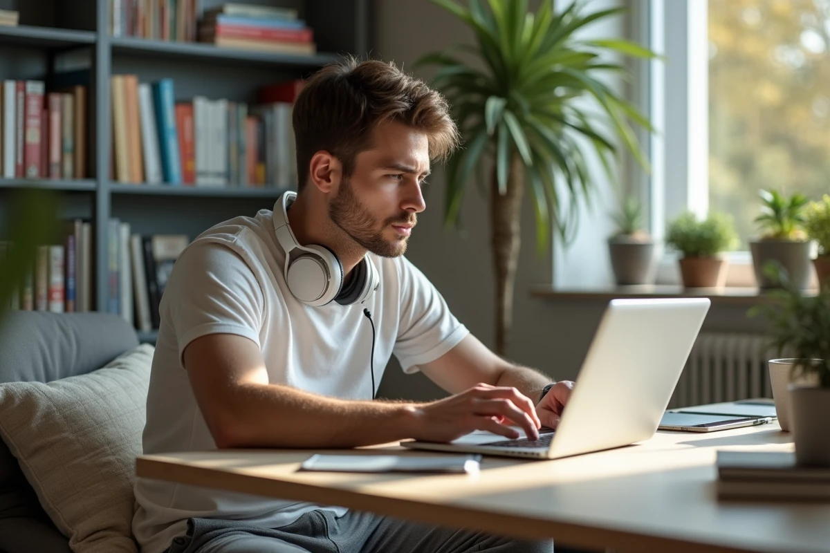 Jeune homme travaillant sur un ordinateur dans un bureau lumineux