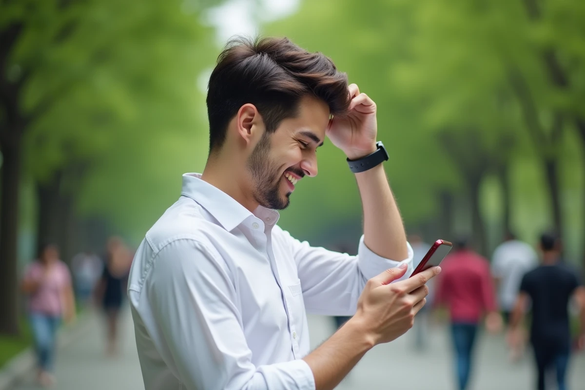 Jeune homme souriant dans un parc urbain avec son smartphone