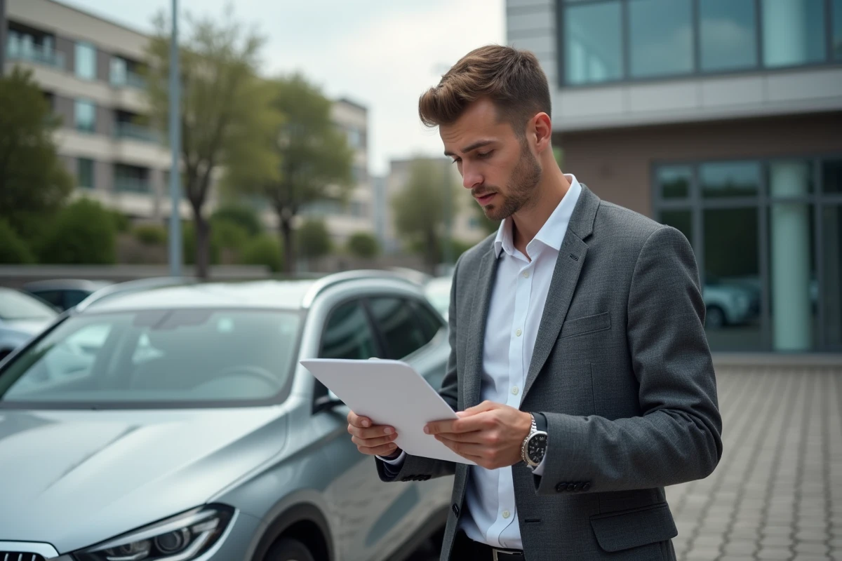 Jeune homme lisant une carte grise à côté d