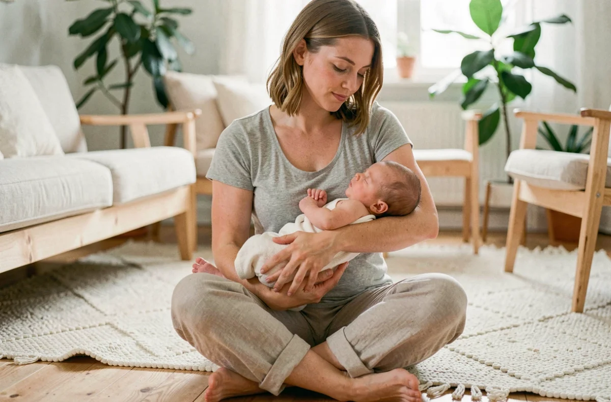 Jeune mère tenant son nouveau-né contre sa poitrine dans un salon scandinave chaleureux, moment de tendresse parentale
