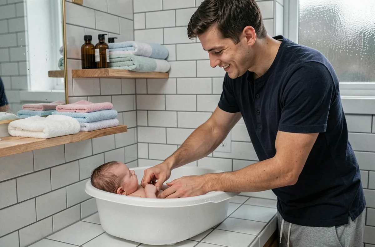 Jeune père donnant le bain à son bébé dans une salle de bain moderne, geste quotidien de soin parental