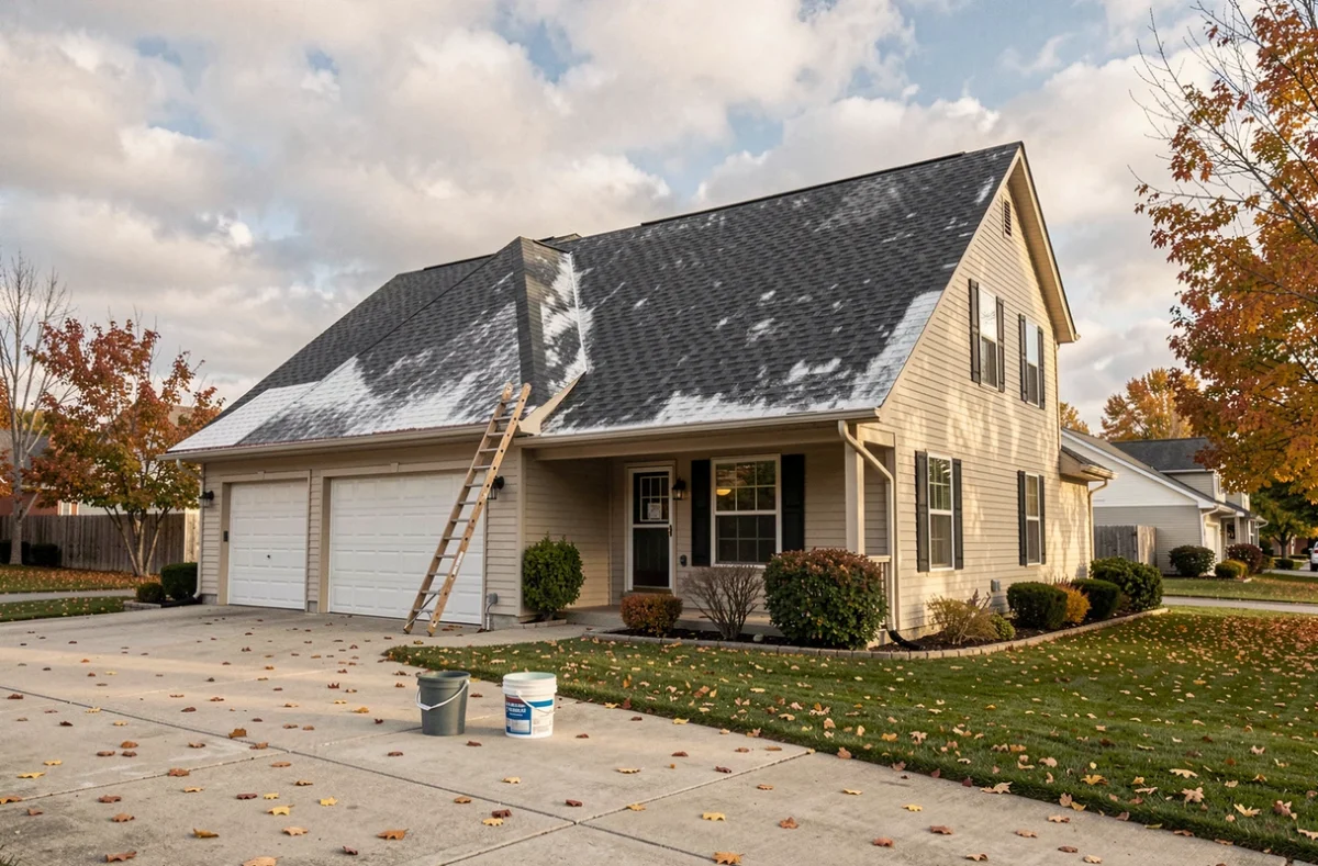 Vue extérieure d'une maison avec une toiture en shingle imperméabilisée et une échelle appuyée contre la gouttière