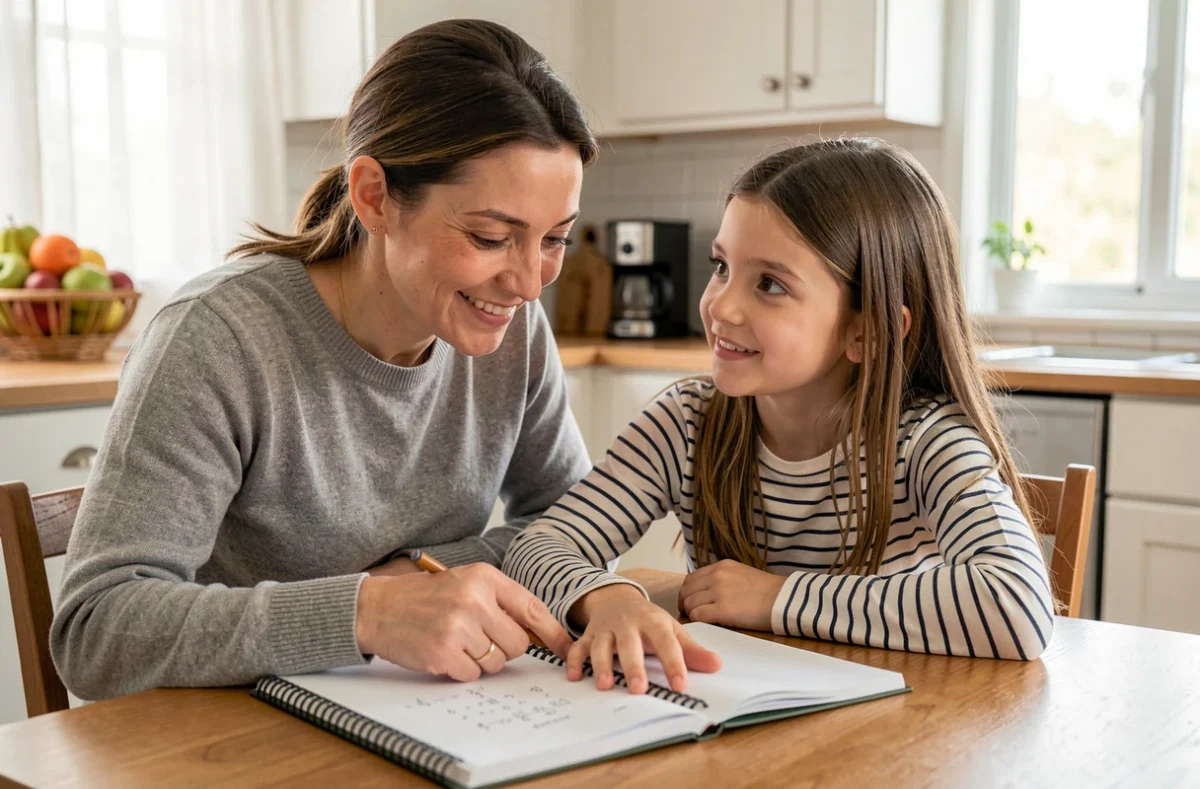 Mère aidant sa fille à faire ses devoirs de mathématiques à la table de cuisine avec bienveillance