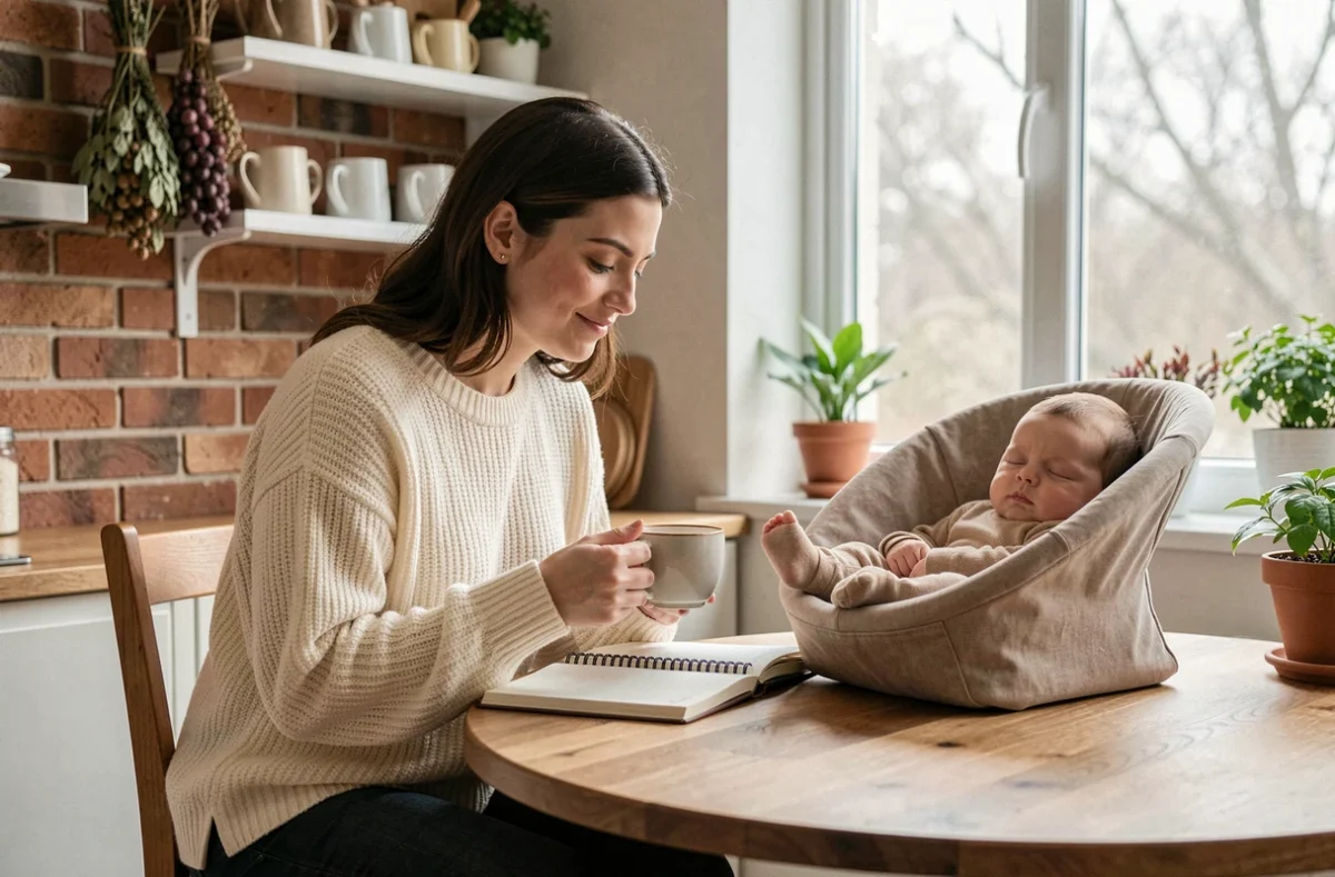 Jeune mère fatiguée prenant un moment de pause au coin cuisine avec son bébé endormi, vie quotidienne des jeunes parents