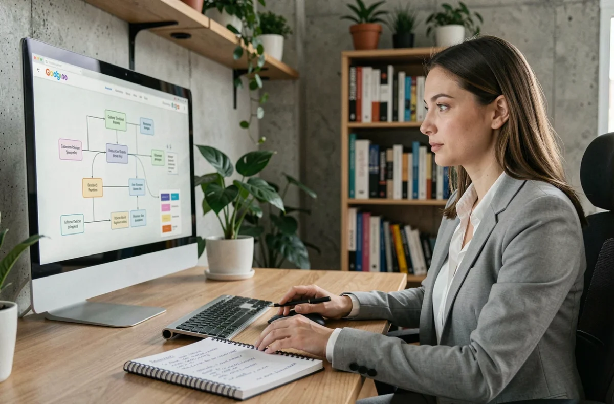 Professionnelle organisatrice de site web travaillant sur un plan de site structuré devant un écran d'ordinateur avec des notes manuscrites
