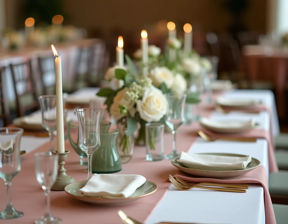 Table de mariage décorée avec une palette stricte de trois couleurs : rose poudré, vert sauge et ivoire, avec vaisselle coordonnée et centre de table botanique