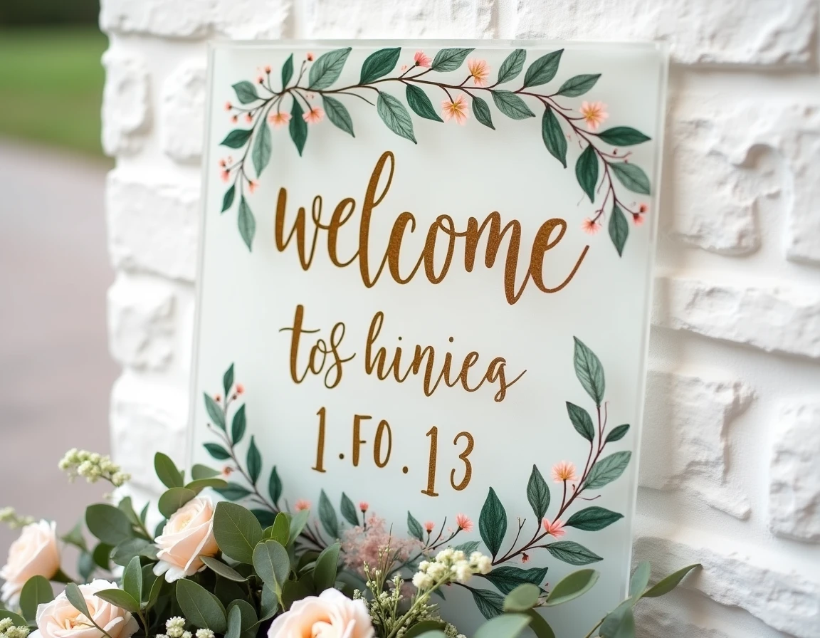 Panneau de bienvenue en acrylique peint à la main avec calligraphie dorée et illustrations botaniques pour une décoration de mariage personnalisée