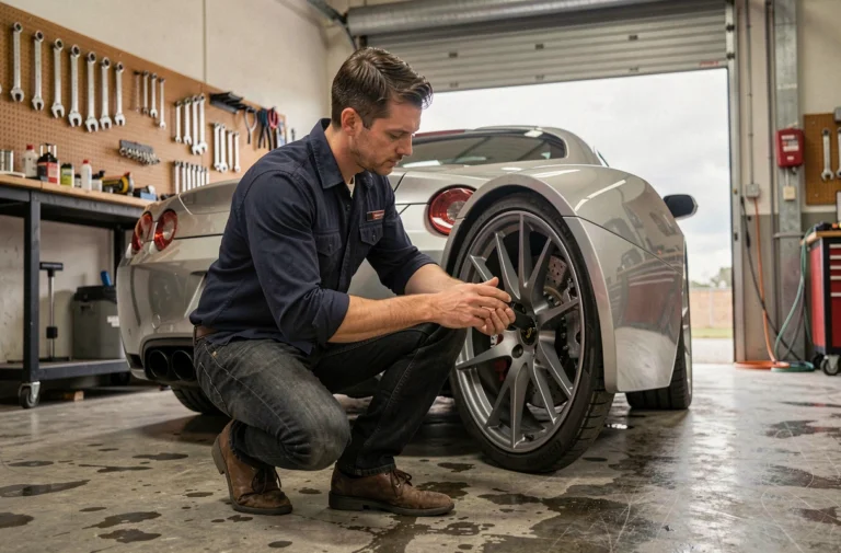 Passionné d'automobile inspectant la roue d'une voiture de sport dans un garage atelier avec outils au mur