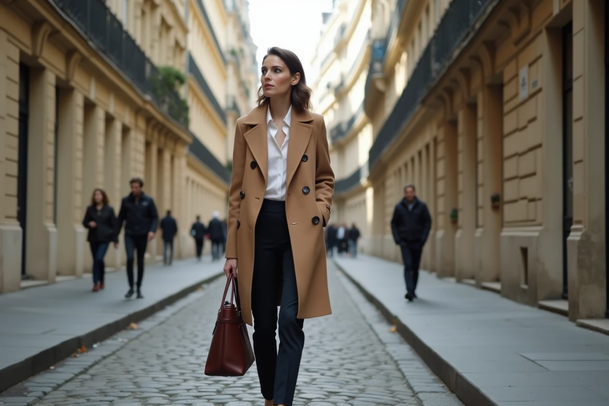 Femme médiatique française marchant dans une rue pavée de Paris avec des immeubles haussmanniens en arrière-plan