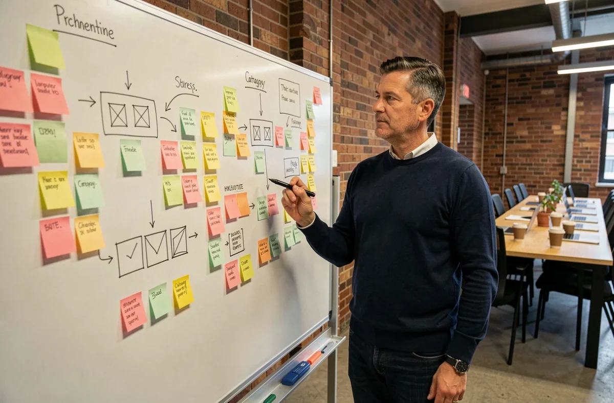 Designer UX masculin devant un tableau blanc avec post-its et architecture de site web planifiée sous forme de hiérarchie visuelle