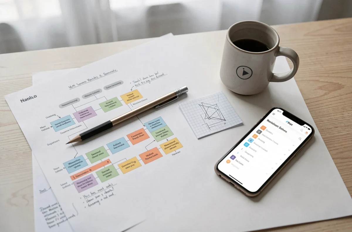 Vue de dessus d'un plan de site web imprimé avec annotations manuscrites, croquis de wireframe et smartphone affichant un menu de navigation