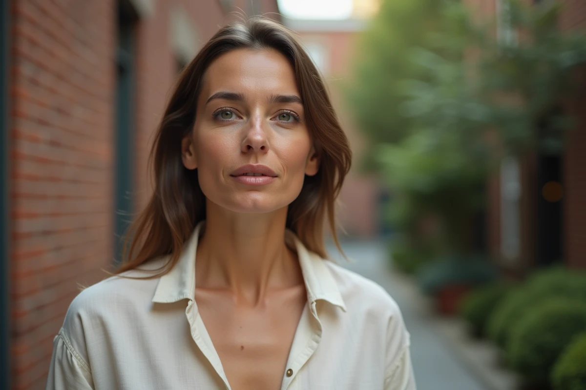 Portrait en gros plan d'une femme aux lèvres volumineuses et naturelles en extérieur urbain, expression introspective et rendu de peau réaliste