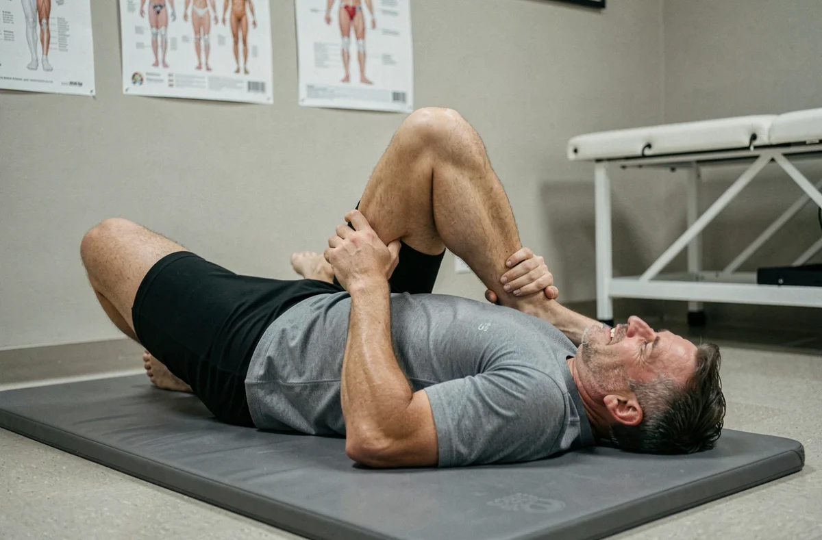 Homme allongé sur un tapis effectuant un étirement du genou vers la poitrine pour soulager une crampe musculaire dans une salle de kinésithérapie