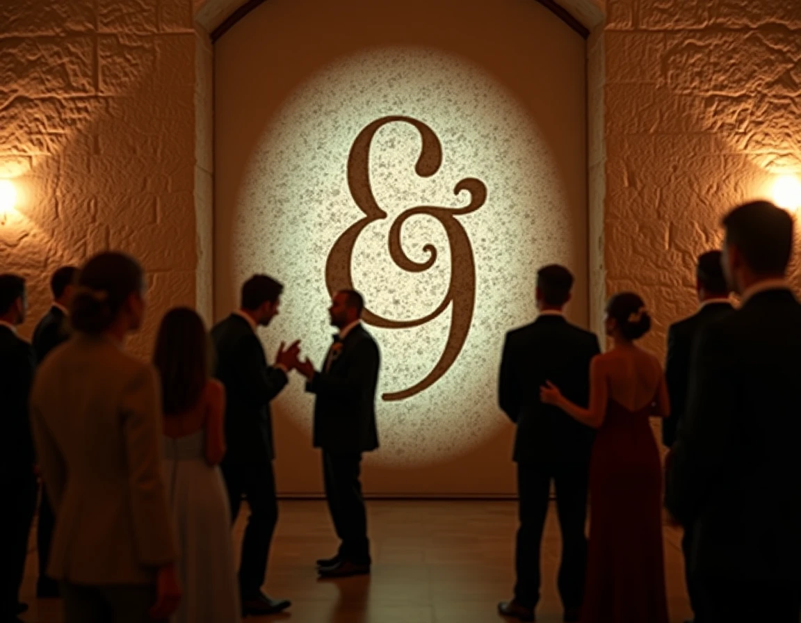 Projection d'un monogramme personnalisé de deux lettres entrelacées en police élégante sur un mur en pierre d'une salle de réception de mariage