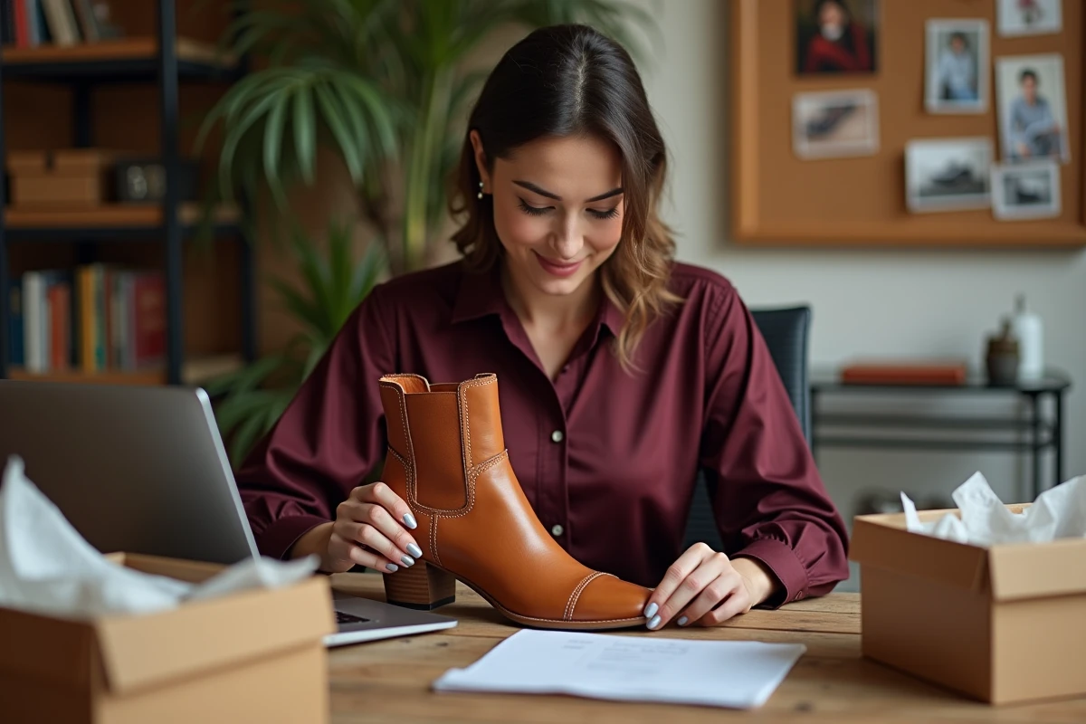 Femme examinant une bottine en cuir reçue après un achat de chaussures tendance sur internet