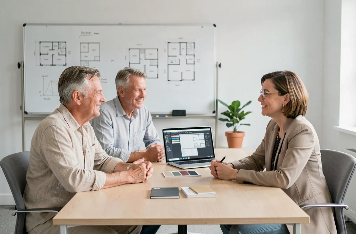 Couple rencontrant une architecte pour discuter d'un projet de construction ou rénovation
