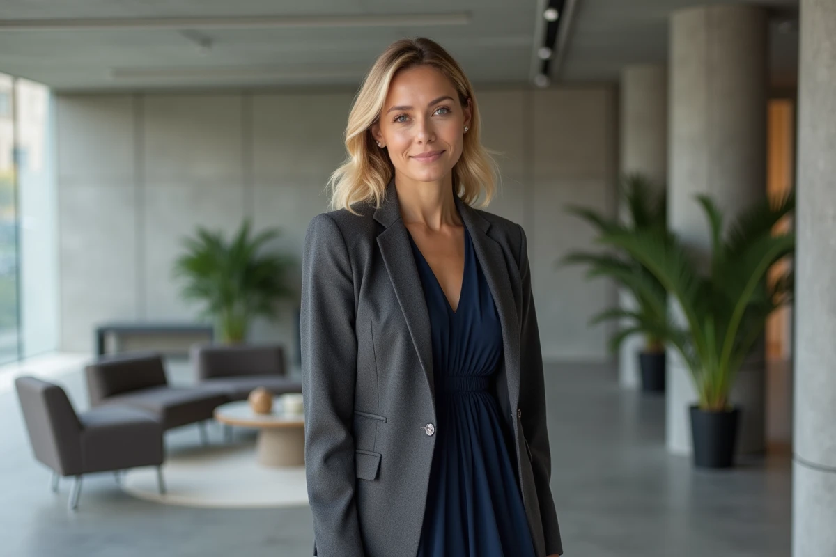 Femme superposant un blazer structuré gris anthracite sur une robe ample fluide bleu marine en milieu professionnel