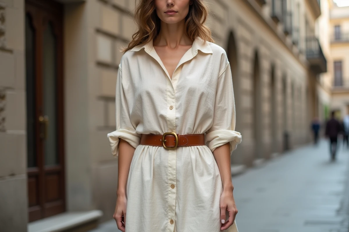 Femme portant une robe ample en lin ceinturée d'une fine ceinture en cuir cognac pour marquer la taille