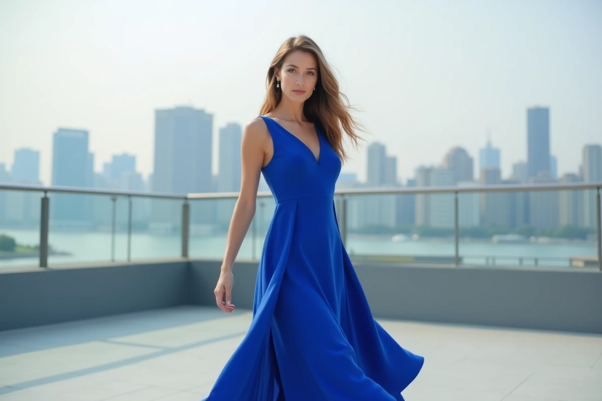 Femme en robe ample unie bleu cobalt sans imprimé sur un toit terrasse urbain, illustrant l'élégance des couleurs unies
