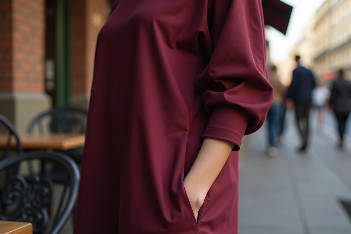 Femme en robe ample bordeaux aux manches retroussées sous le coude pour un style élégamment décontracté
