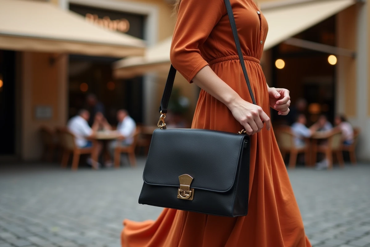 Femme en robe ample terracotta tenant un sac rigide en cuir noir structuré, créant un contraste de formes élégant