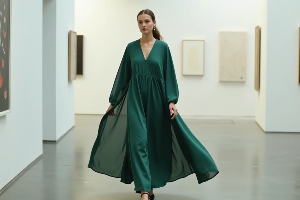 Femme en robe ample en viscose à fort tombé marchant dans une galerie d'art contemporaine, sans effet de volume