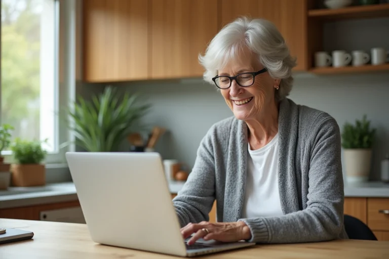 Femme senior souriante utilisant un ordinateur dans la cuisine