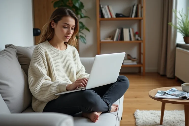 Jeune femme qui fait du shopping en ligne pour des chaussures tendance sur son ordinateur portable dans un salon moderne