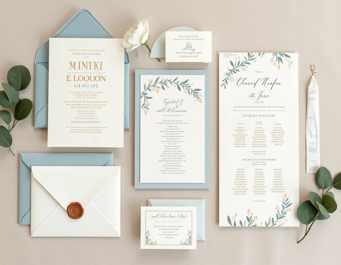 Ensemble de signalétique de mariage unifiée incluant faire-part, programmes, marque-places et plan de table partageant la même typographie et palette graphique cohérente