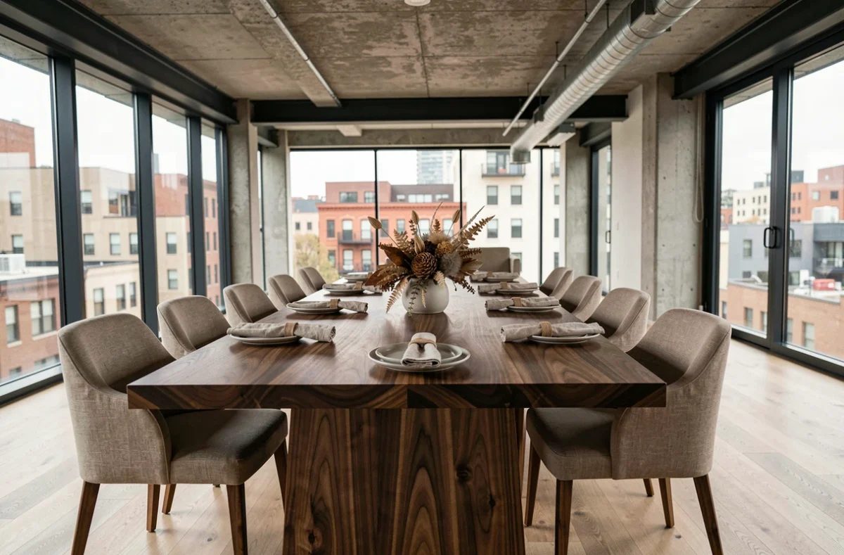 Grande table de salle à manger en noyer massif dans un intérieur contemporain haut de gamme avec béton et acier